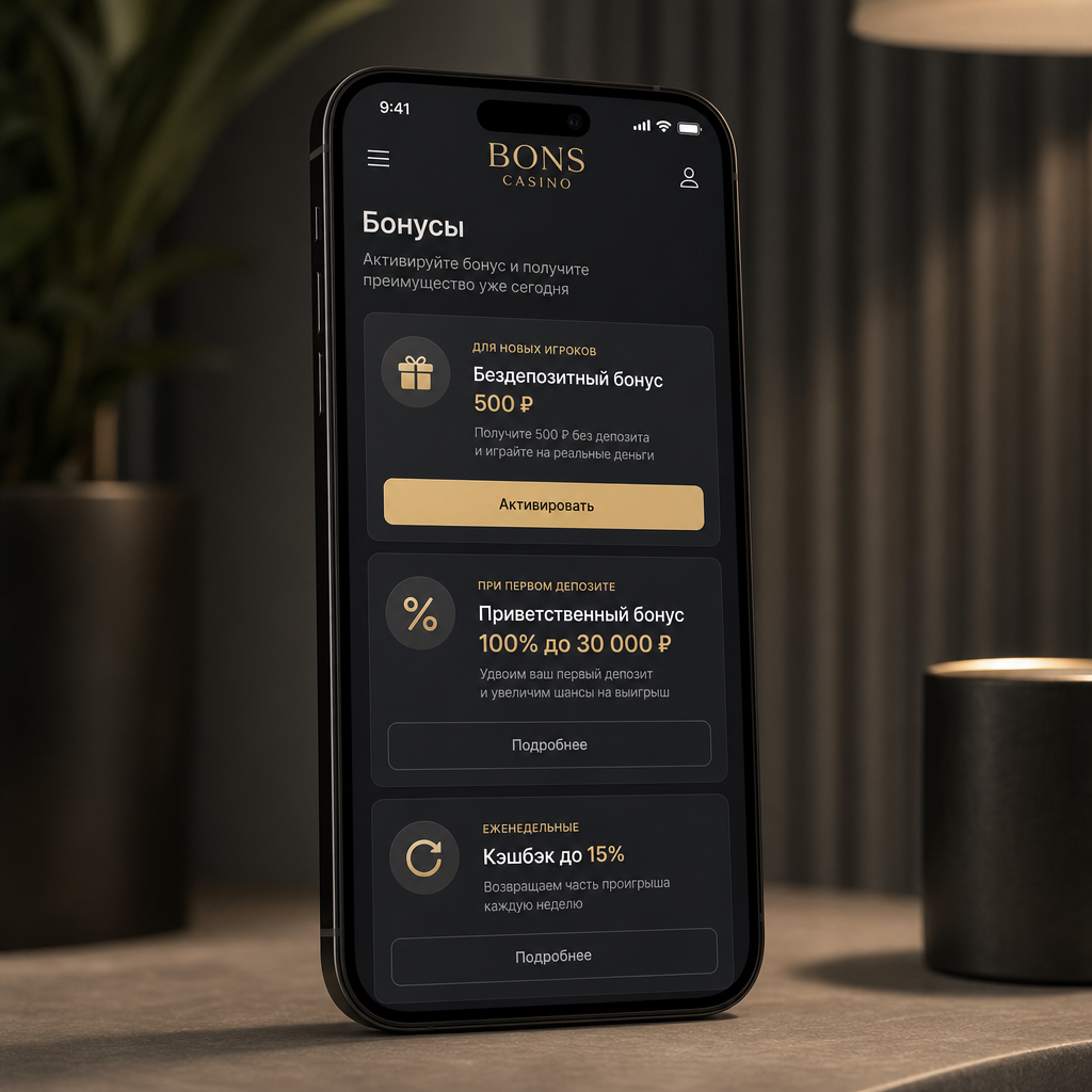 Мобильное приложение Bons Casino на смартфоне с экраном бонусов